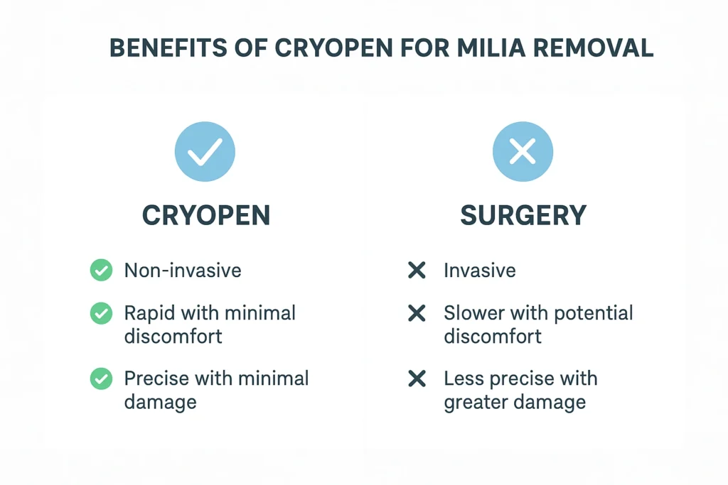 Benefits of cryopen for milia removal Kings Langley compared to surgical treatments.
