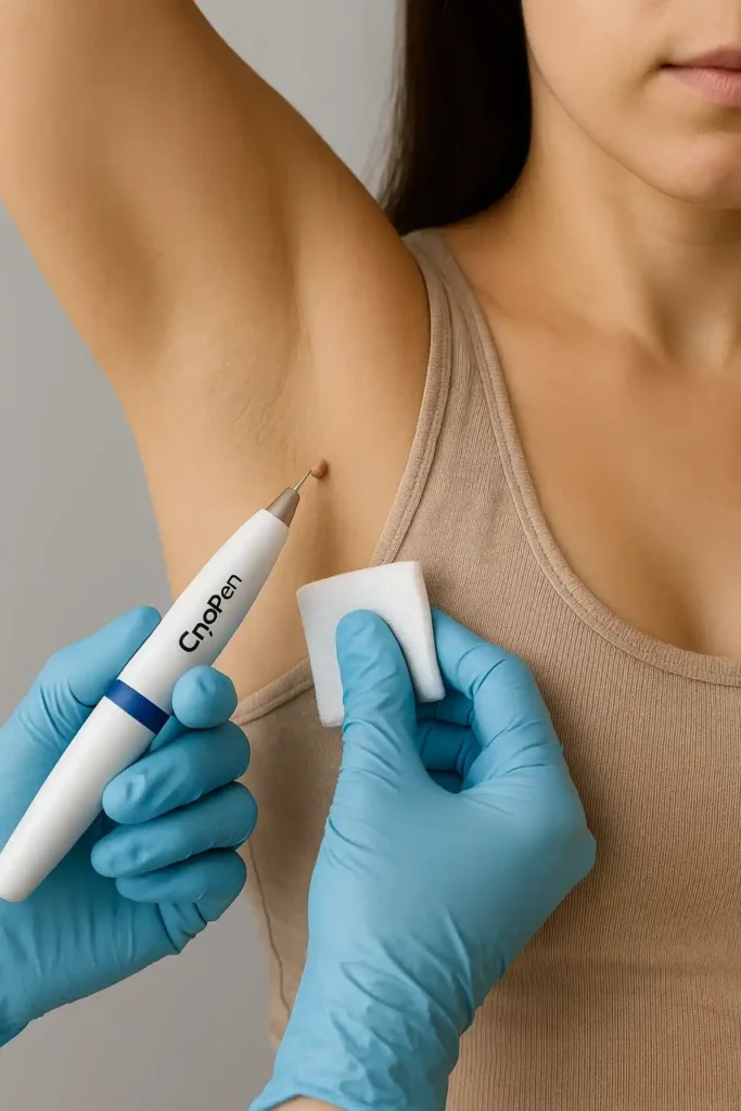 woman having cryopen to remove underarm skin tags Kings Langley