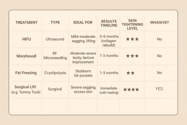 Table showing the comparisons of Skin tightening Kings Langley treatment options.